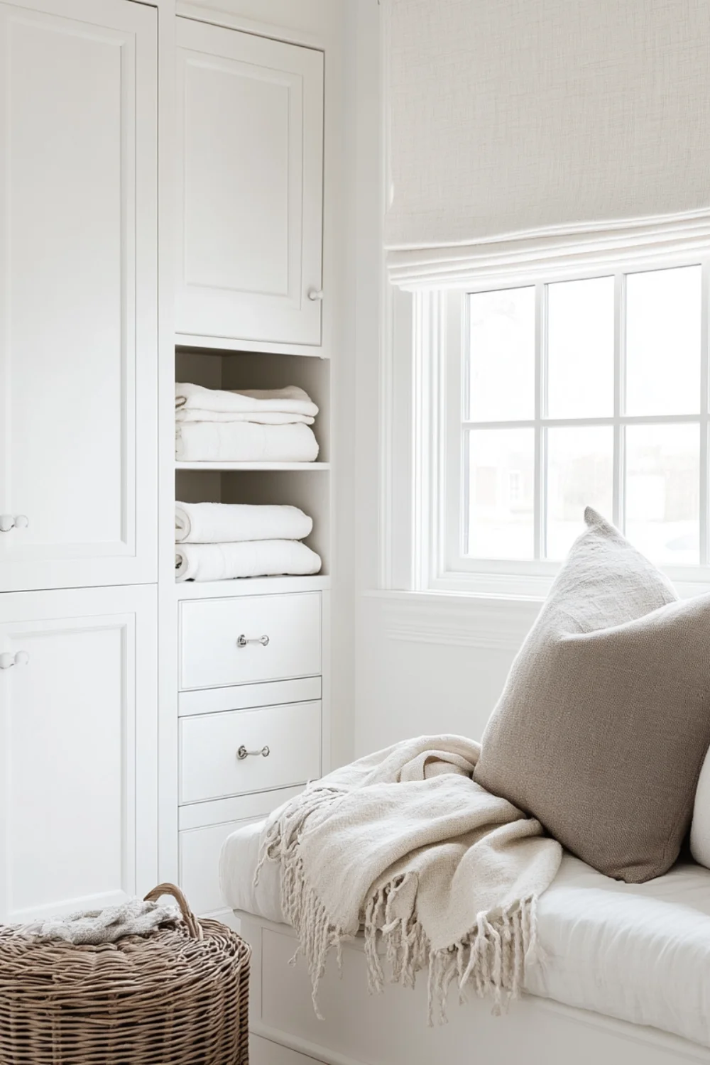 A serene, minimalist interior featuring neatly folded towels, a cozy window seat with neutral-colored cushions, and a woven basket, all bathed in soft, natural light.