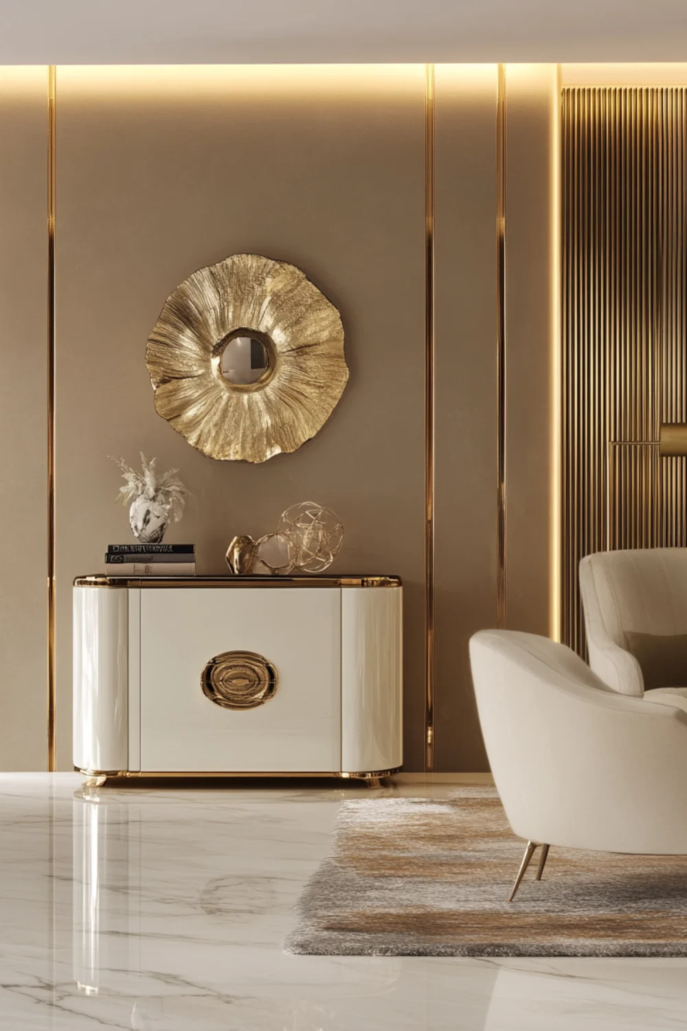 Elegant modern interior featuring a luxurious cream-colored cabinet with gold accents, a golden flower-shaped mirror, and tasteful decorative items like books and sculptures.