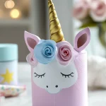 "Adorable unicorn made from paper with a golden horn and pastel rose decorations."