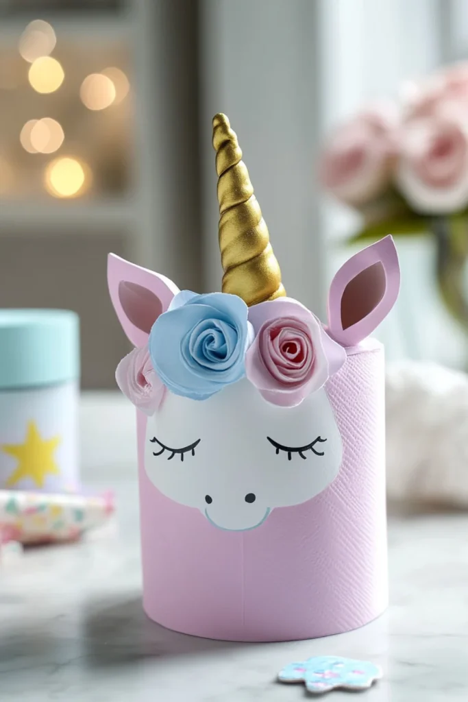 "Adorable unicorn made from paper with a golden horn and pastel rose decorations."