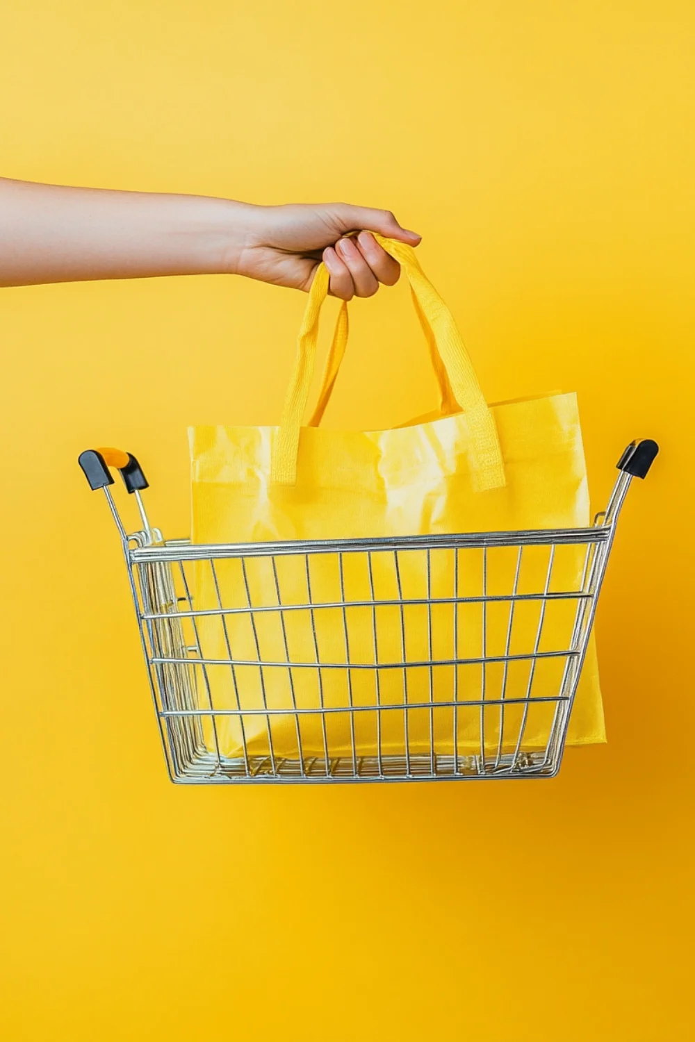 A hand holding a yellow reusable shopping bag above a shopping cart, set against a bright yellow background.