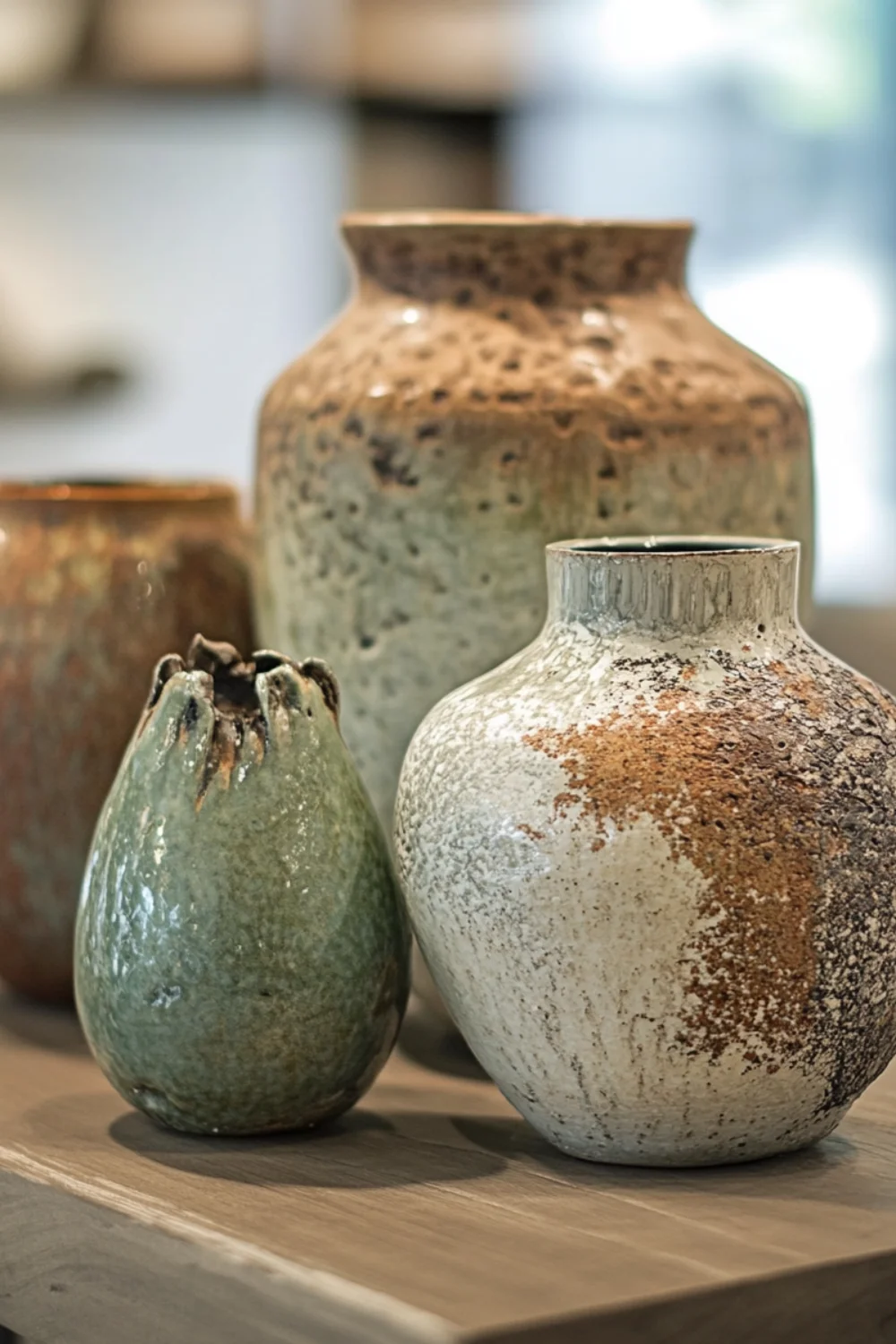 A collection of handcrafted ceramic vases with earthy tones and textured finishes, placed on a wooden surface.